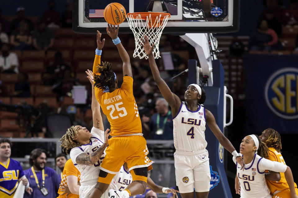 LSU's Kateri Poole (55) and Kateri Poole (4) tries to block the shot of Tennessee's Jordan Horston (25) in the first half of an NCAA college basketball game during the Southeastern Conference women's tournament in Greenville, S.C., Saturday, March 4, 2023. (AP Photo/Mic Smith)