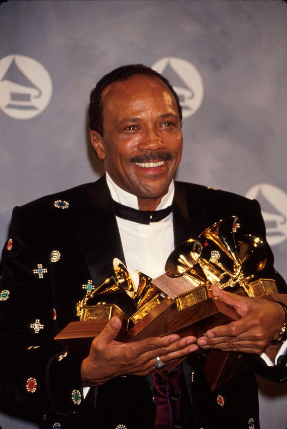 composer quincy jones holding his awards in press room at grammy awards  photo by time life picturesdmithe life picture collection via getty images