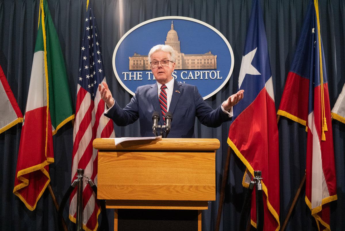 Lt. Gov. Dan Patrick discusses property tax cuts for homeowners during a media briefing at the state Capitol on June 6, in Austin.