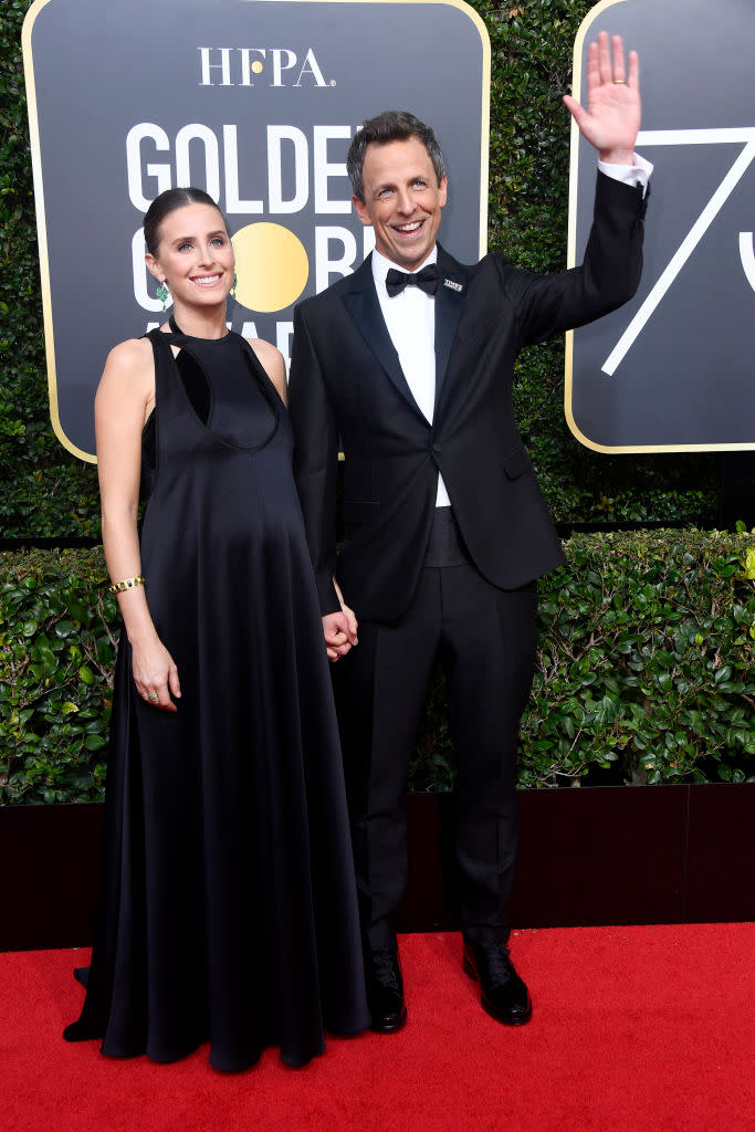 <p>Seth Meyers, who hosted the show, and his wife, Alexi Ashe Meyers, attend the 75th Annual Golden Globe Awards at the Beverly Hilton Hotel in Beverly Hills, Calif., on Jan. 7, 2018. They announced in November that they’re expecting their second child. (Photo: Steve Granitz/WireImage) </p>