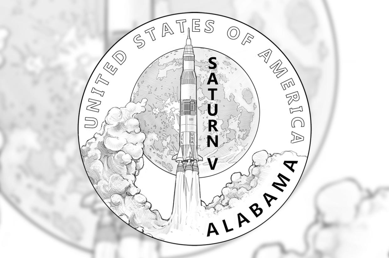  Black and white drawing of a coin, showing the saturn v rocket launching with the moon in the background. 
