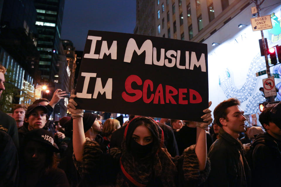 People protest Donald Trumps presidency in New York City on Nov 9 2016