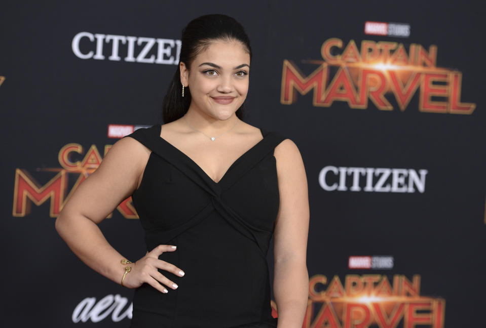 FILE - American gymnast Laurie Hernandez arrives at the world premiere of "Captain Marvel" on Monday, March 4, 2019, at the El Capitan Theatre in Los Angeles. Two-time Olympic medal-winning gymnast Laurie Hernandez's fresh approach to her new role as a TV analyst has made her a fan favorite. The 24-year-old who won gold and silver alongside Simone Biles in 2016 in Rio de Janeiro is working for the Peacock streaming service in Paris. (Photo by Jordan Strauss/Invision/AP)