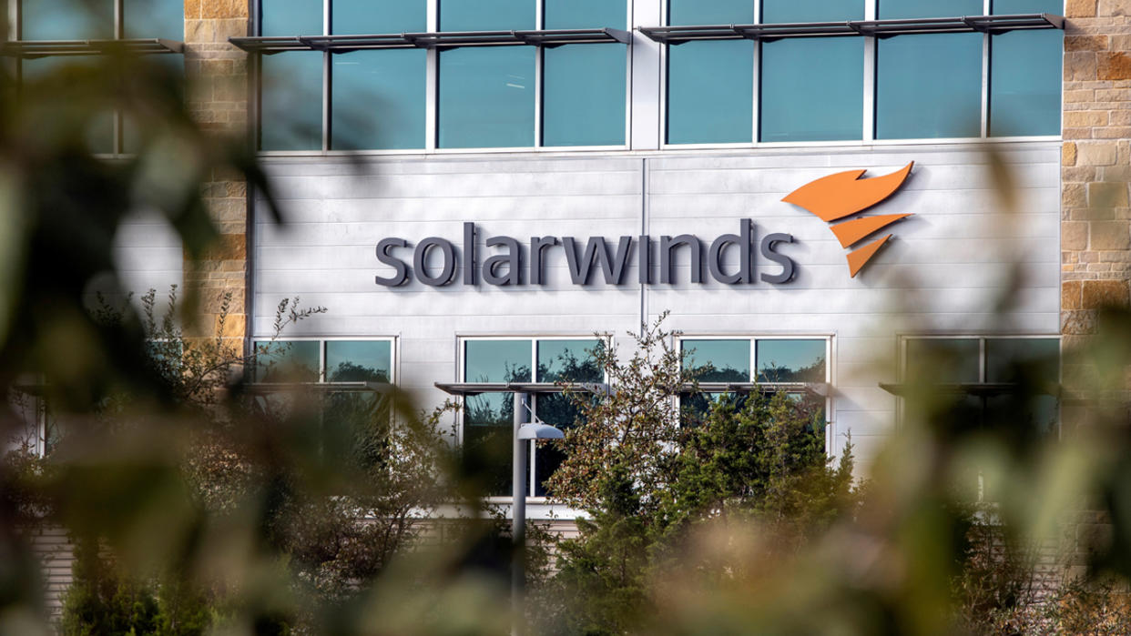 The SolarWinds logo is seen outside its headquarters in Austin, Texas, U.S., December 18, 2020. (Sergio Flores/Reuters)