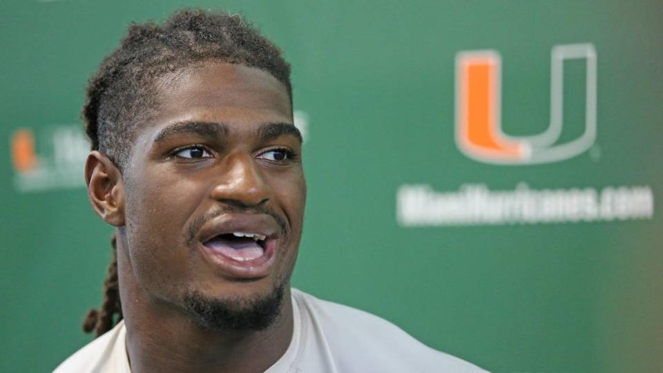 Miami Hurricanes defensive end Jahfari Harvey (12) speaks to reporters after practice at the University of Miami in Coral Gables on Friday, August 12, 2022.