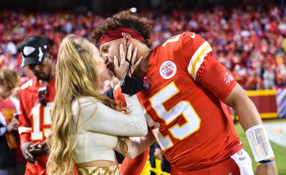 Mahomes got a kiss from Matthews before the start of the Chiefs game against the Buffalo Bills last year at Arrowhead Stadium.