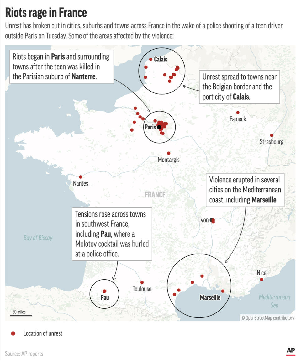 Tuesday's police shooting of a teen outside Paris has sparked unrest across the country. (AP Graphic)