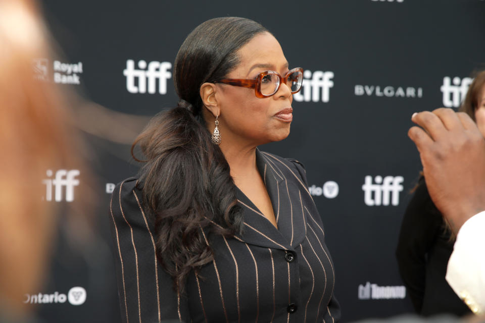Close-up of Oprah at a media event