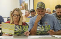 FILE - Alfalfa farmers Diane and Russ Jones look on during a public hearing on medical cannabis at the Utah Department of Agriculture and Food, June 5, 2019, in Salt Lake City, Utah. Medical marijuana is now legal in 38 states. (AP Photo/Rick Bowmer, File)