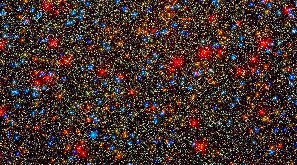 We begin here with a LOT of cosmic dots -- about 100,000 of them. Hubble Space Telescope snapped this 2009 image of a panoramic colorful assortment of 100,000 stars in the core of a giant star cluster called Omega Centauri -- which is just one of about 200 star clusters in our Milky Way galaxy. According to NASA project scientist and planet-hunter Natalie Batalha, "Every star in the sky has at least one planet, so instead of seeing stars in the sky, we're looking at other solar systems."