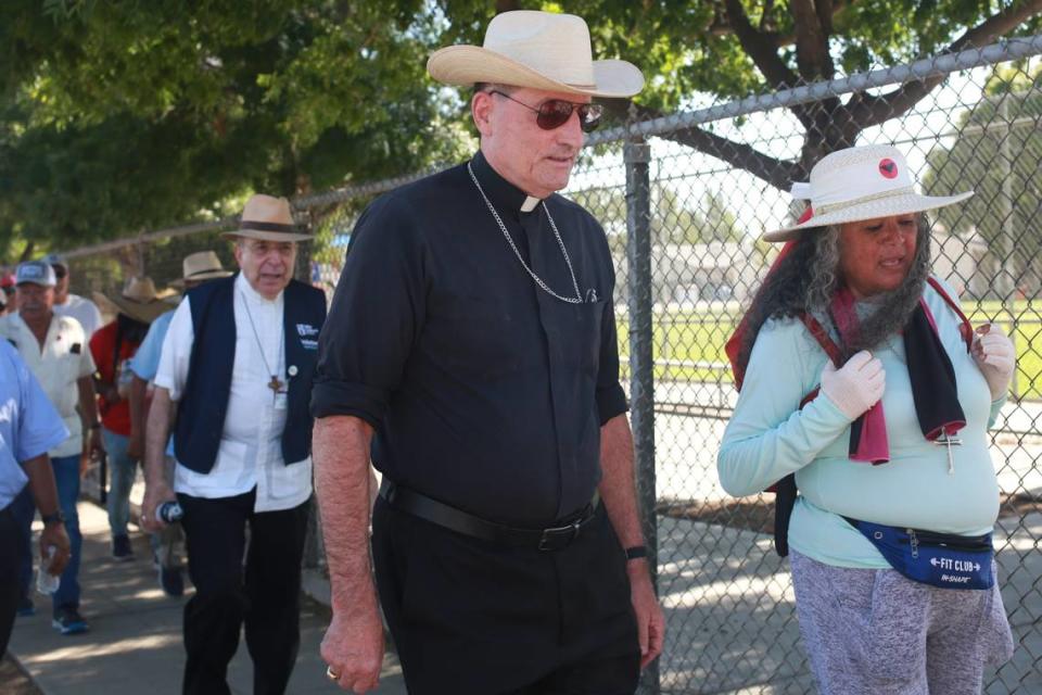 Fresno Diocese Bishop Joseph V. Brennan joined the UFW on day nine of the 24-day march to persuade Newsom to sign AB 2183, which would allow farmworkers to vote for union representation from their own home without fear of intimidation from foremen, supervisors or labor contractors. 
