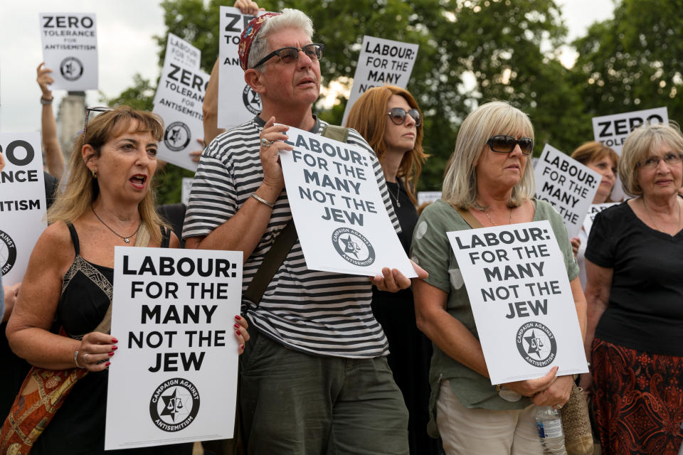 The group Campaign Against Antisemitism, as well as Jewish community groups and their supporters, stage a protest in Parliament Square, London, on July 19, 2018, against the Labour Party. (Photo: Vickie Flores via Getty Images)
