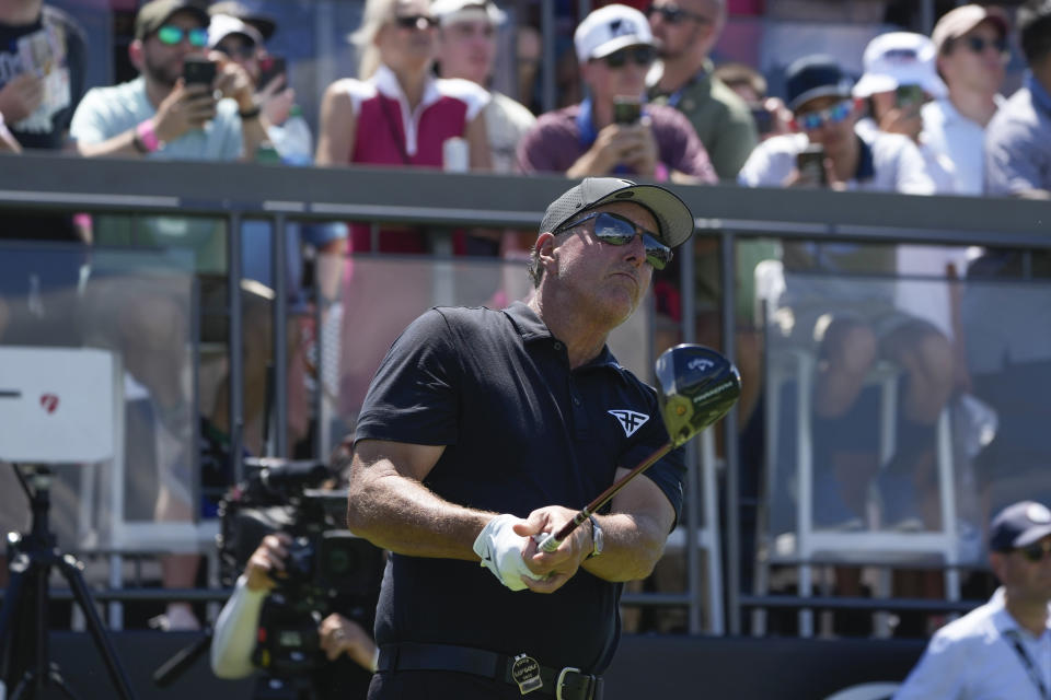 Phil Mickelson tees off the first hole during the final round of the Bedminster Invitational LIV Golf tournament in Bedminster, N.J., Sunday, Aug. 13, 2023. (AP Photo/Seth Wenig)