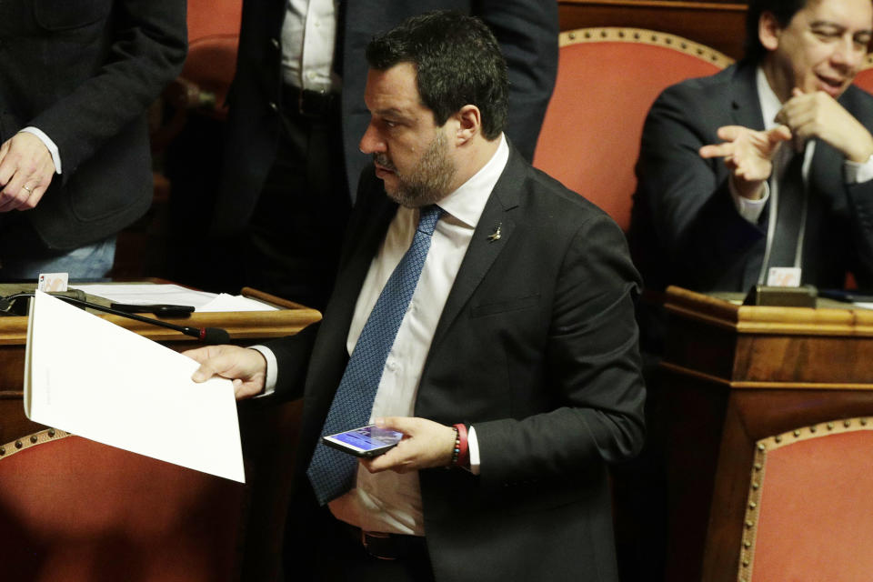 Opposition populist leader Matteo Salvini attends the debate at the Italian Senate on whether to allow him to be prosecuted – as he demands to be -- for alleging holding migrants hostage for days aboard coast guard ship Gregoretti instead of letting them immediately disembark in Sicily, while he was interior minister. Salvini says being on trial for alleged kidnapping is tantamount to defending his country from illegal migrants he blames for crime and for subtracting jobs from Italians. (AP Photo/Andrew Medichini)