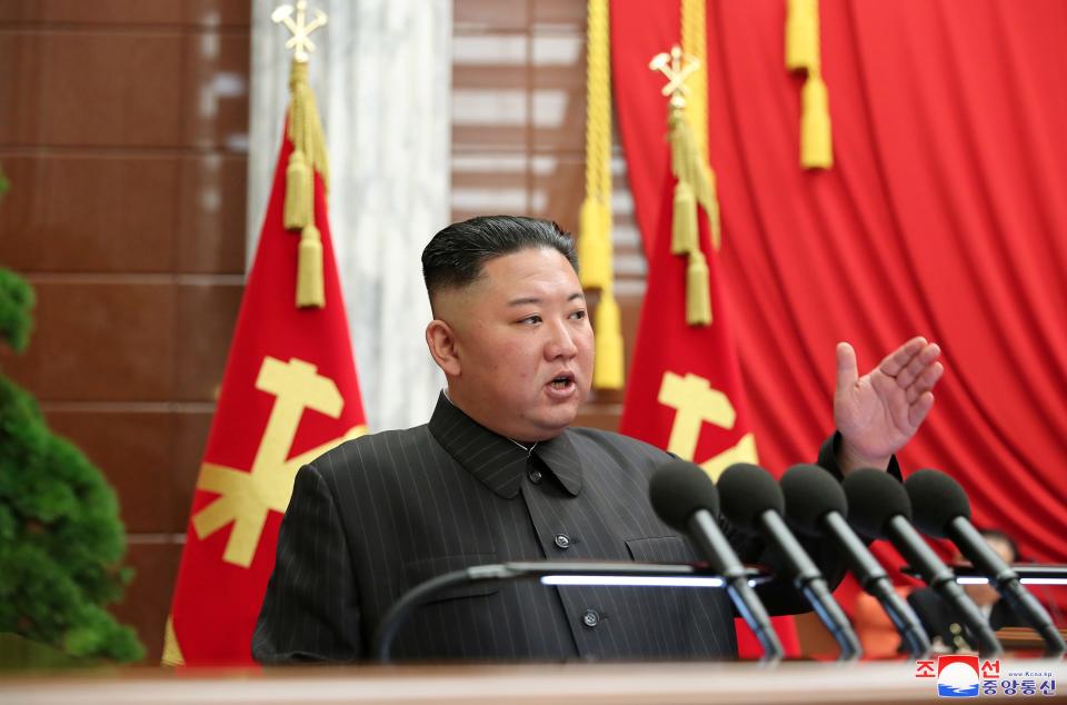 North Korean leader Kim Jong Un speaks during a Report on Enlarged Meeting of the 2nd Political Bureau of the 8th Central Committee of the Workers' Party of Korea in Pyongyang.