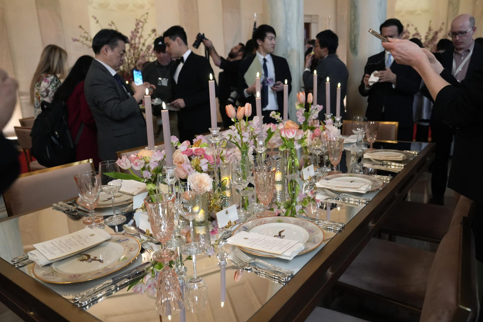 Tables are decorated during a press preview at the White House in Washington, Tuesday, April 9, 2024, for the State Dinner for Japan's Prime Minister Fumio Kishida on Wednesday. (AP Photo/Susan Walsh)