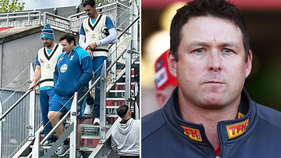 Stuart Dew is pictured with members of the Australian cricket team on the left, and during his tenure as Gold Coast Suns coach on the right.