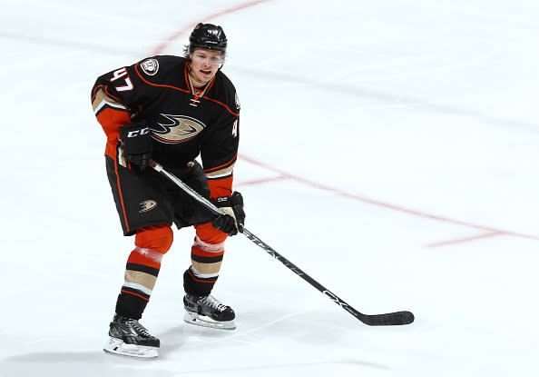 ANAHEIM, CA - APRIL 23: Hampus Lindholm #47 of the Anaheim Ducks skates in Game Five of the Western Conference First Round against the Nashville Predators during the 2016 NHL Stanley Cup Playoffs at Honda Center on April 23, 2016 in Anaheim, California. (Photo by Debora Robinson/NHLI via Getty Images) *** Local Caption ***