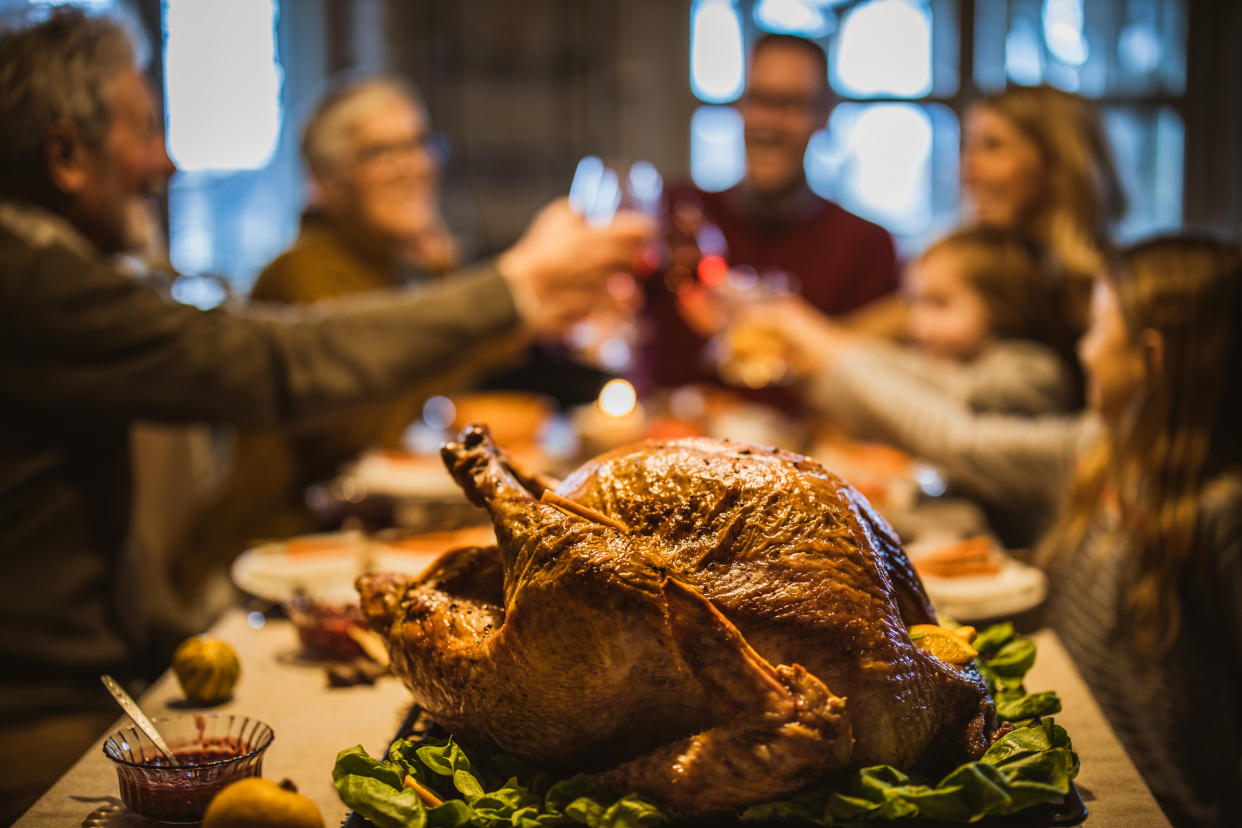 People toasting at a table with a roasted turkey in the foreground.