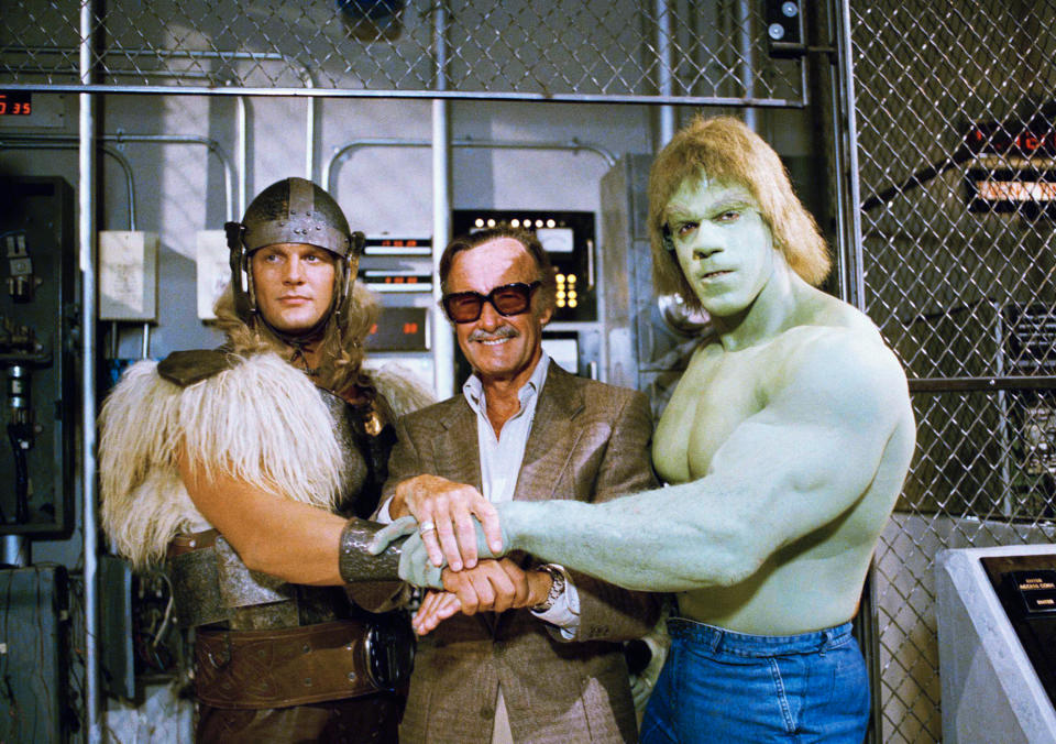 Stan Lee with Lou Ferrigno, right, and Eric Kramer who portray the Hulk and Thor, in a special movie for NBC, &ldquo;The Incredible Hulk Returns,&rdquo; May 9, 1988.