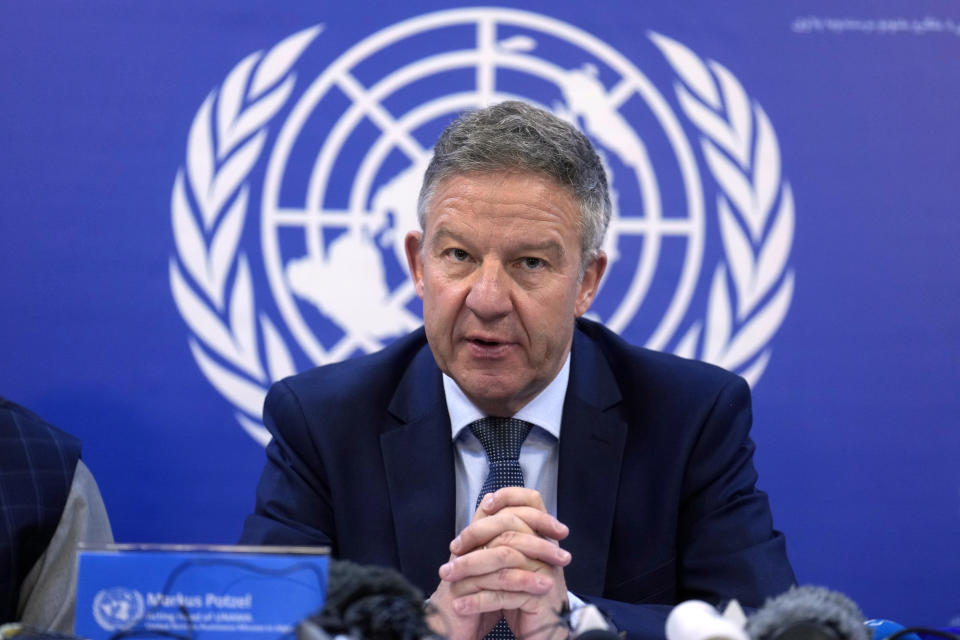 Acting Head of the United Nations Assistance Mission in Afghanistan Markus Potzel speaks during a news conference in Kabul, Afghanistan, Wednesday, July 20, 2022. The UN said in a report Wednesday that hundreds of people have been killed in Afghanistan since the Taliban overran the country nearly a year ago, even though security on the whole has improved since then. The report also highlighted the poor situation of women and girls since the Taliban takeover and how they have been stripped of many of their human rights under Afghanistan's current rulers. (AP Photo/Ebrahim Noroozi)