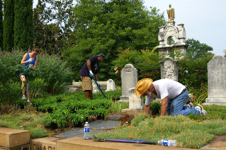 This undated photo, provided by Sara Henderson, volunteers help landscape Oakland Cemetery. In Victorian era cemeteries, it was tradition for families and friends to garden at the graveyard. (Sara Henderson via AP)