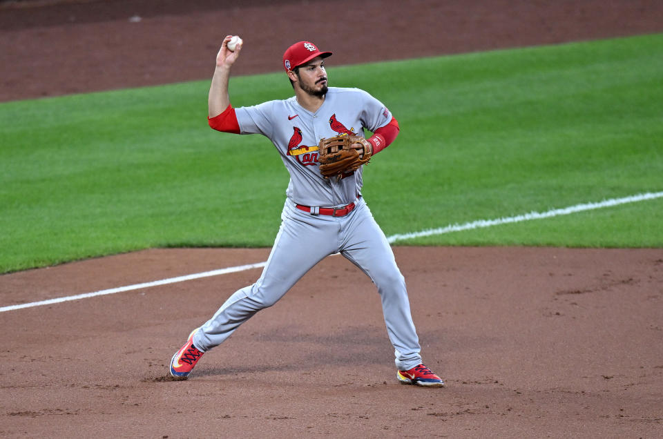 10-time Gold Glover winner Nolan Arenado #28 of the St. Louis Cardinals throws the ball to second base against the Baltimore Orioles at Oriole Park at Camden Yards on September 11, 2023 in Baltimore, Maryland. (Photo by G Fiume/Getty Images)