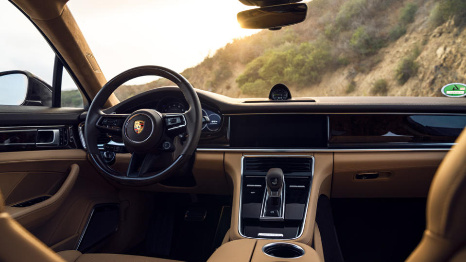 The interior of the Panamera 4S E-Hybrid is more casual than cushy. - Credit: Photo by Lisa Linke, courtesy of Porsche AG.