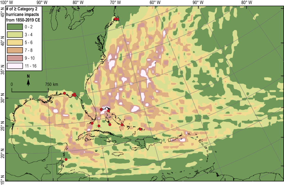 A map showing hurricane frequency from 1850 to 2019, with parts of Florida, Louisiana and North Carolina showing nine to 10 storms.