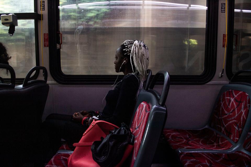 Tibita Majors rides the 55 Murfreesboro Pike route in Nashville , Tenn., Friday, June 30, 2023. Majors said her commute is about 1.5 hours. Majors, who originally is from Uganda, said she speaks six different languages and uses her commute to learn her seventh, Spanish.