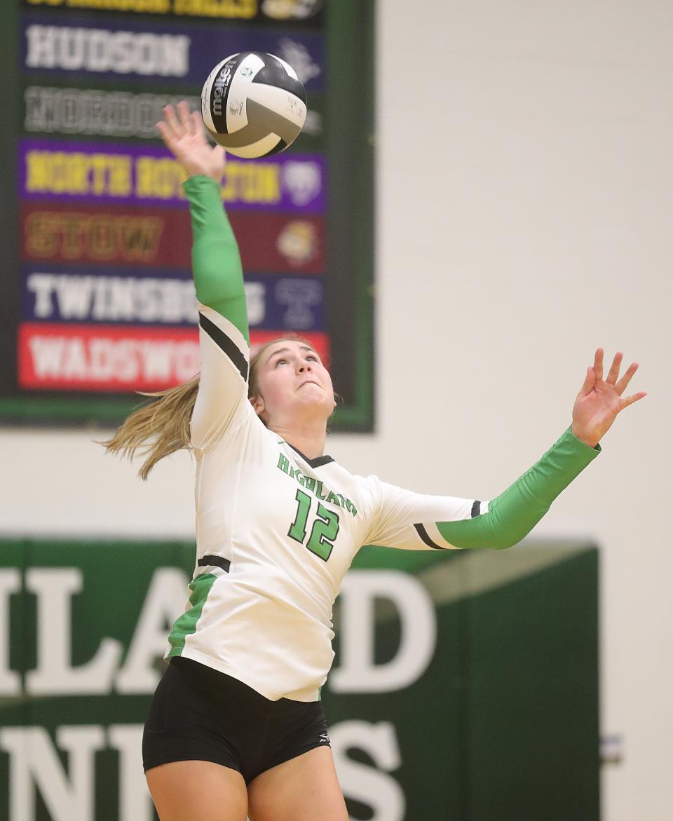 Highland's Alayna Tessena serves the ball against Copley on Tuesday, Sept. 20, 2022 in Hinkley.