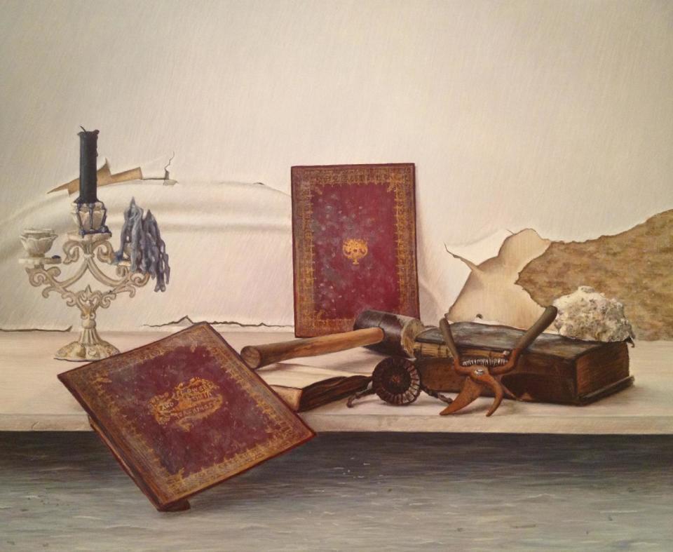 This undated image provided by John Gordon Gauld shows the Brooklyn artists' “Wildflowers and Their Teachings, ” a still life painting depicting the remnants of his flooded studio: Rusted tools and damaged books against a crumbling, peeling and moldy wall. Many New York City artists are still dealing with the shock of what Superstorm Sandy left in its path: Unusable studios and homes, destroyed tools and materials, unsalvageable artworks. But others, including Gauld, are discovering a new energy and renewed creativity in its wake. Nearly two dozen artists are showcasing their storm-related works at a New York City gallery. “After Effects” in Chelsea opens Friday Feb. 8 and runs through Feb. 24. (AP Photo/John Gordon Gauld)