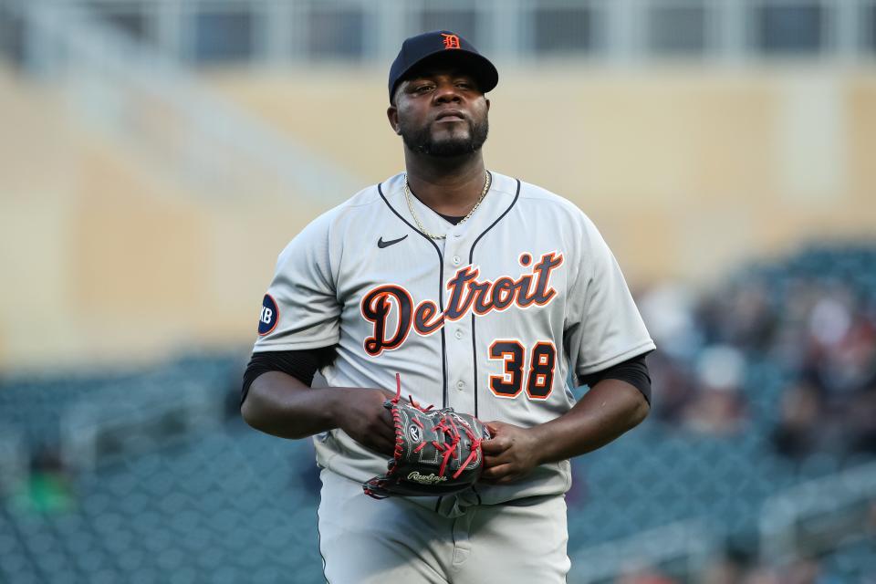 Tigers pitcher Michael Pineda walks to the dugout after pitching to the Twins in the second inning on Wednesday, April 27, 2022, in Minneapolis.