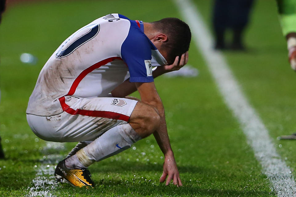 Christian Pulisic in disbelief after losing to Trinidad and Tobago. (Ashley Allen/Getty Images)