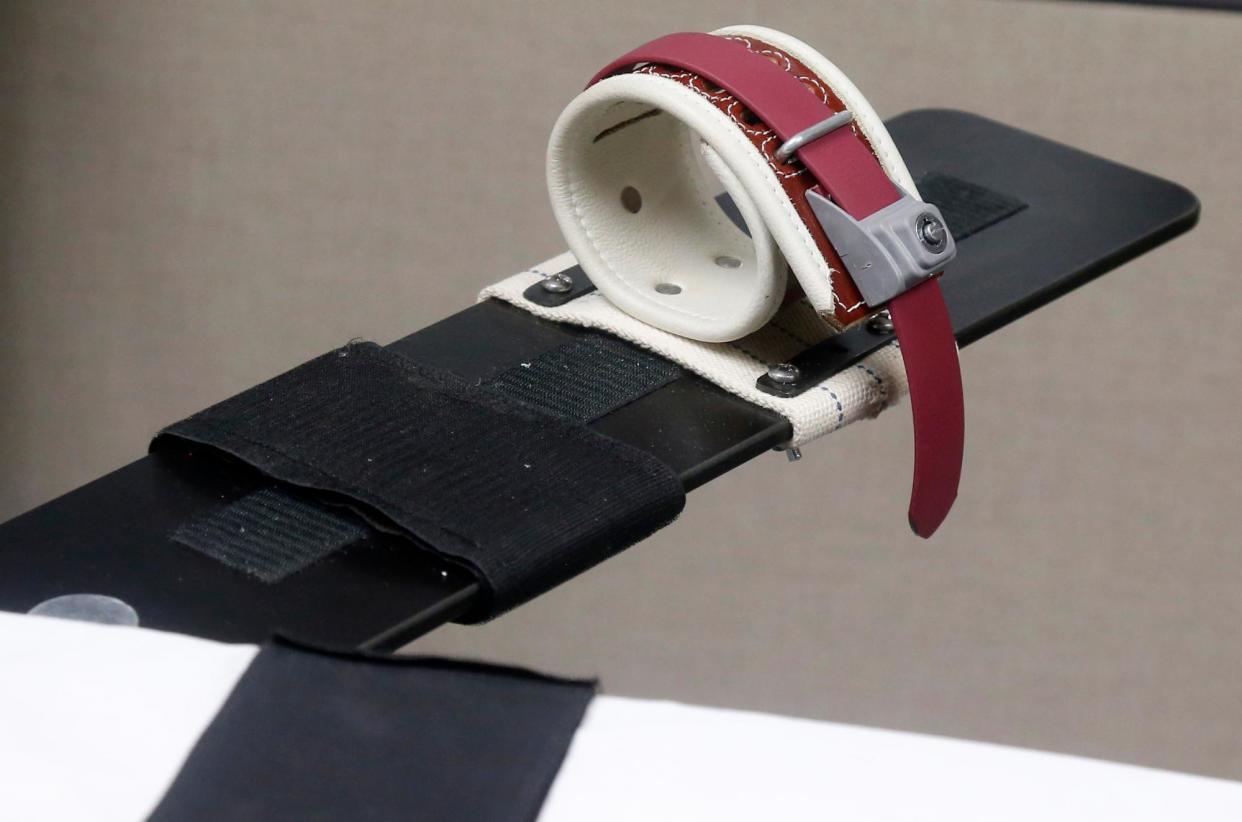 <span>An arm restraint on the gurney in the execution chamber of the Oklahoma state penitentiary in 2014.</span><span>Photograph: Sue Ogrocki/AP</span>