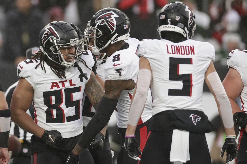Atlanta Falcons tight end MyCole Pruitt (85) reacts after scoring a touchdown against the New York Jets during the second quarter of an NFL football game, Sunday, Dec. 3, 2023, in East Rutherford, N.J. (AP Photo/Adam Hunger)