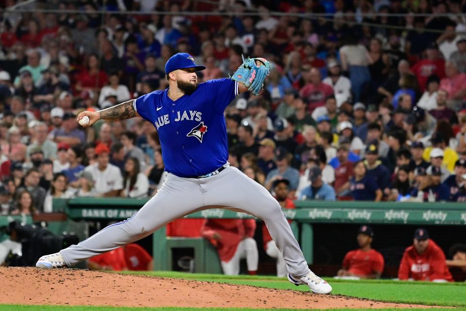 Toronto Blue Jays starting pitcher Alek Manoah (6) pitches against the Boston Red Sox during the fifth inning at Fenway Park.