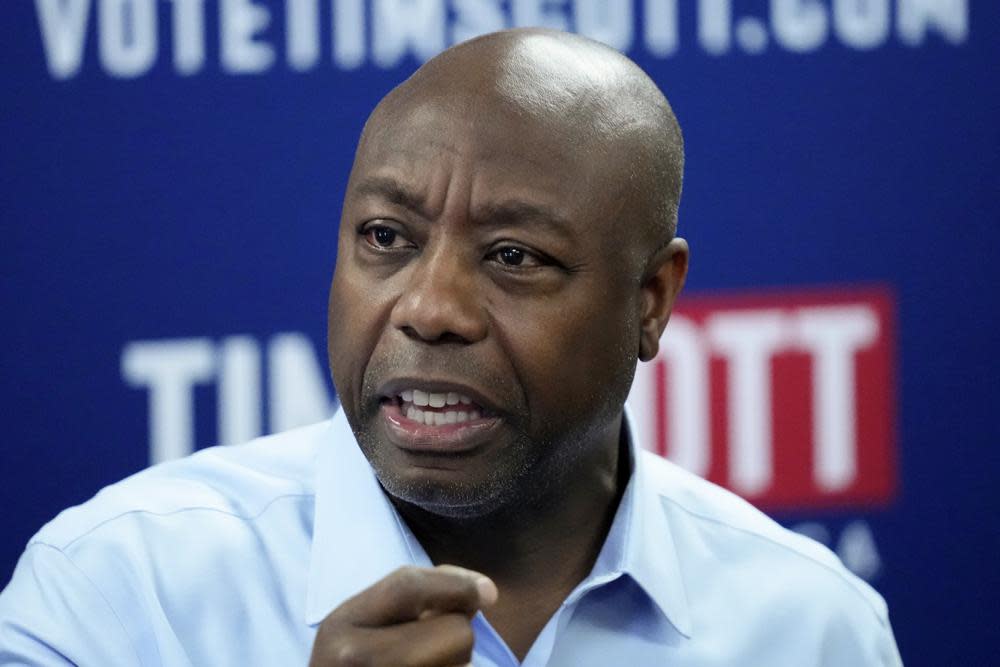 Republican presidential candidate South Carolina Sen. Tim Scott speaks during a campaign event with the New Hampshire Federation of Republican Women, Thursday, May 25, 2023, in Manchester, N.H. (AP Photo/Robert F. Bukaty, File)