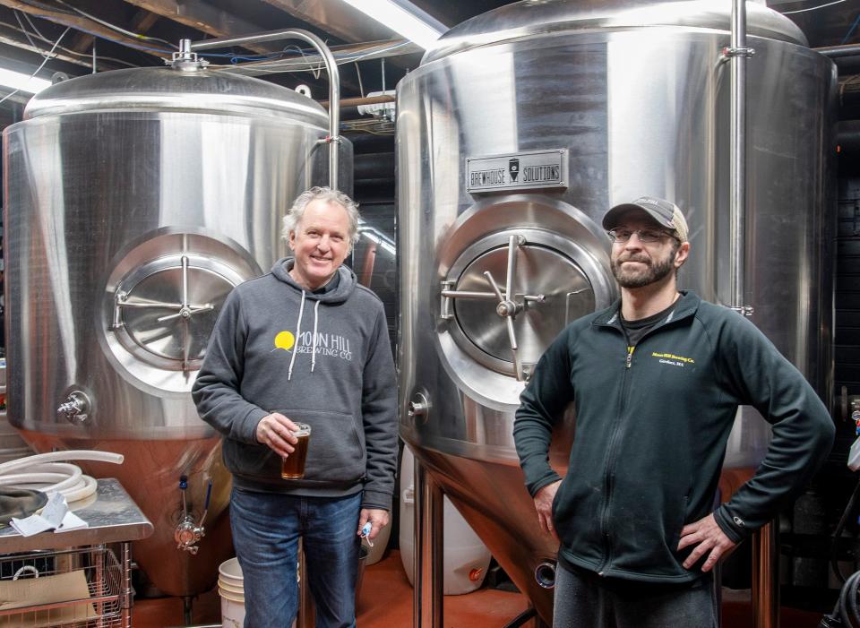 Gardner Ale House owner Rick Walton and assistant brewer Nick Carbone with their newest fermenter on Jan. 21, 2022.