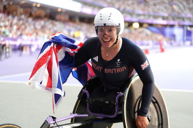 Great Britain’s Hannah Cockroft celebrates winning the women’s T34 100m final in Paris