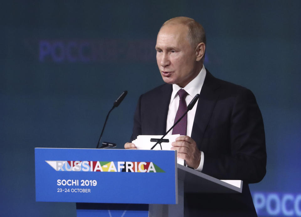 Russian President Vladimir Putin delivers his speech at the Russia-Africa summit in the Black Sea resort of Sochi, Russia, Wednesday, Oct. 23, 2019. (Alexander Ryumin, TASS News Agency Pool Photo via AP)