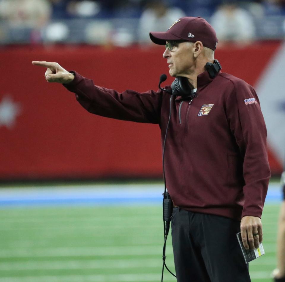 Michigan Panthers coach Mike Nolan on the sidelines during the Panthers' 28-13 loss to the Generals on Sunday, April 30, 2023, at Ford Field.