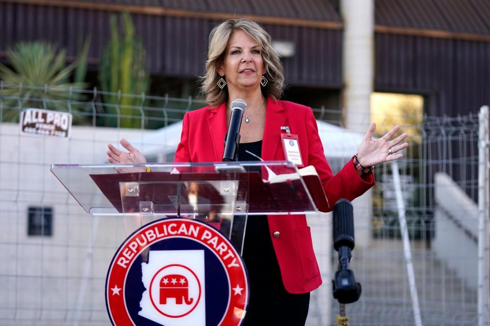 Kelli Ward, chair of the Arizona Republican Party, holds a press conference at the Maricopa County Elections Department as she reports the progress of the a post-election logic and accuracy test for the general election on Nov. 18, 2020, in Phoenix.