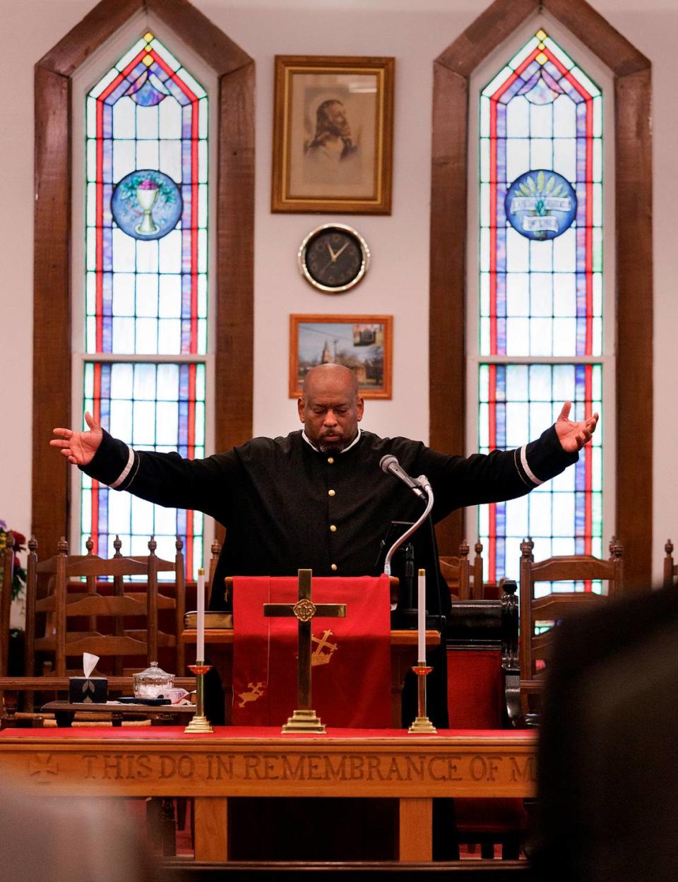 Rev. Toma Shaw leads a service at Dickerson Chapel AME Church on Sunday, April 21, 2024, in Hillsborough, N.C.