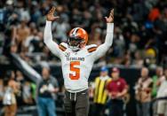 Sep 16, 2018; New Orleans, LA, USA; Cleveland Browns quarterback Tyrod Taylor (5) reacts after a touchdown by running back Carlos Hyde (not pictured) during the third quarter at the Mercedes-Benz Superdome. The Saints defeated the Browns 21-18. Mandatory Credit: Derick E. Hingle-USA TODAY Sports