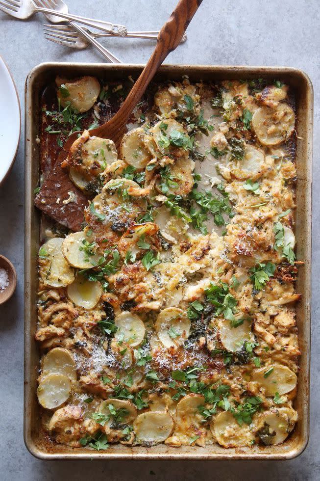 <p>Bubbly gratin makes a brilliant one-pan meal.</p><p>Get the recipe from <span>Delish</span>.</p><p><a rel="nofollow noopener" href="https://www.amazon.com/Calphalon-Nonstick-Bakeware-Baking-2-Piece/dp/B008BUKO6G/" target="_blank" data-ylk="slk:BUY NOW;elm:context_link;itc:0;sec:content-canvas" class="link ">BUY NOW</a> <em><strong><em><strong>Calphalon Nonstick Bakeware, $35, </strong></em></strong></em></p>