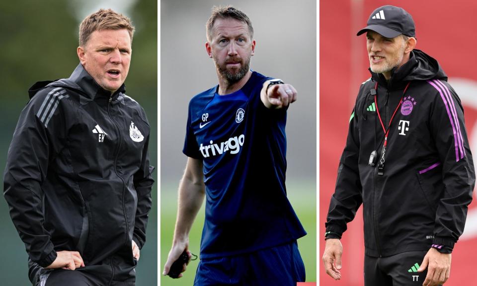 <span>Left to right: Newcastle’s Eddie Howe and the out-of-work former Chelsea managers Graham Potter and Thomas Tuchel.</span><span>Composite: Newcastle United/Getty Images; Chelsea FC/Getty Images; Sampics/Getty Images</span>