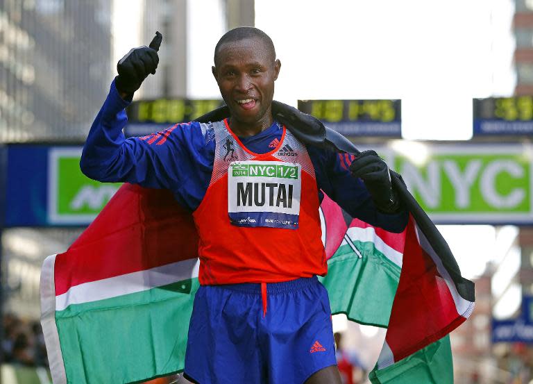 Geoffrey Mutai of Kenya, seen after winning the New York City Half Marathon, in lower Manhattan, in March 2014