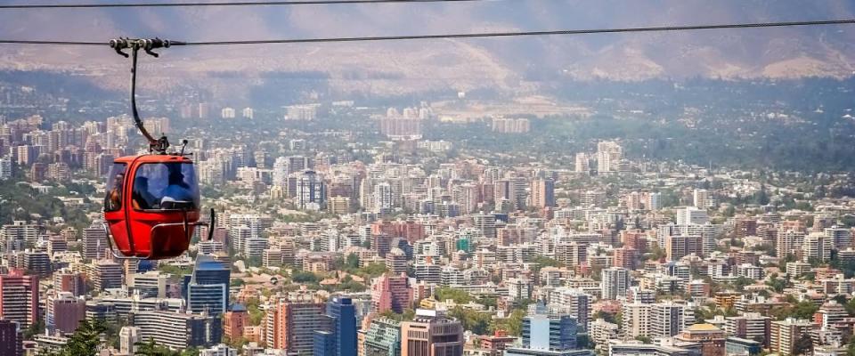 Cable car in San Cristobal hill, overlooking a panoramic view of Santiago de Chile