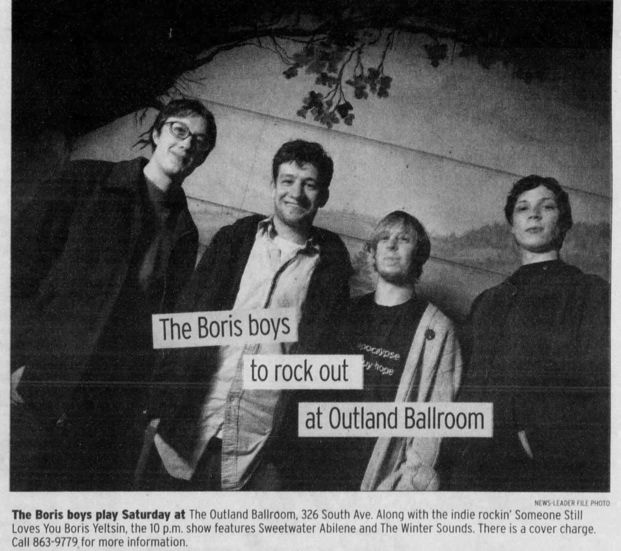 A newspaper clipping about Springfield band Someone Still Loves You Boris Yeltsin playing at The Outland Ballroom from the News-Leader on July 20, 2007.